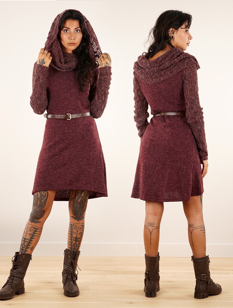 Wine Women Toonzshop Nouchka Crochet Sleeves And Big Collar Skater Sweater Dress Dress | UHXSAJC-65