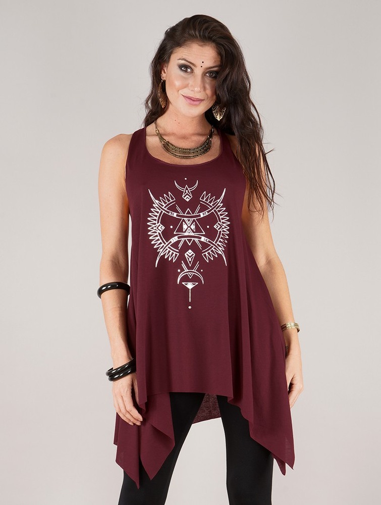 Wine and silver Women Toonzshop Ilanga Printed Knotted Sleeveless Tunic Tops | DJTRHCN-26